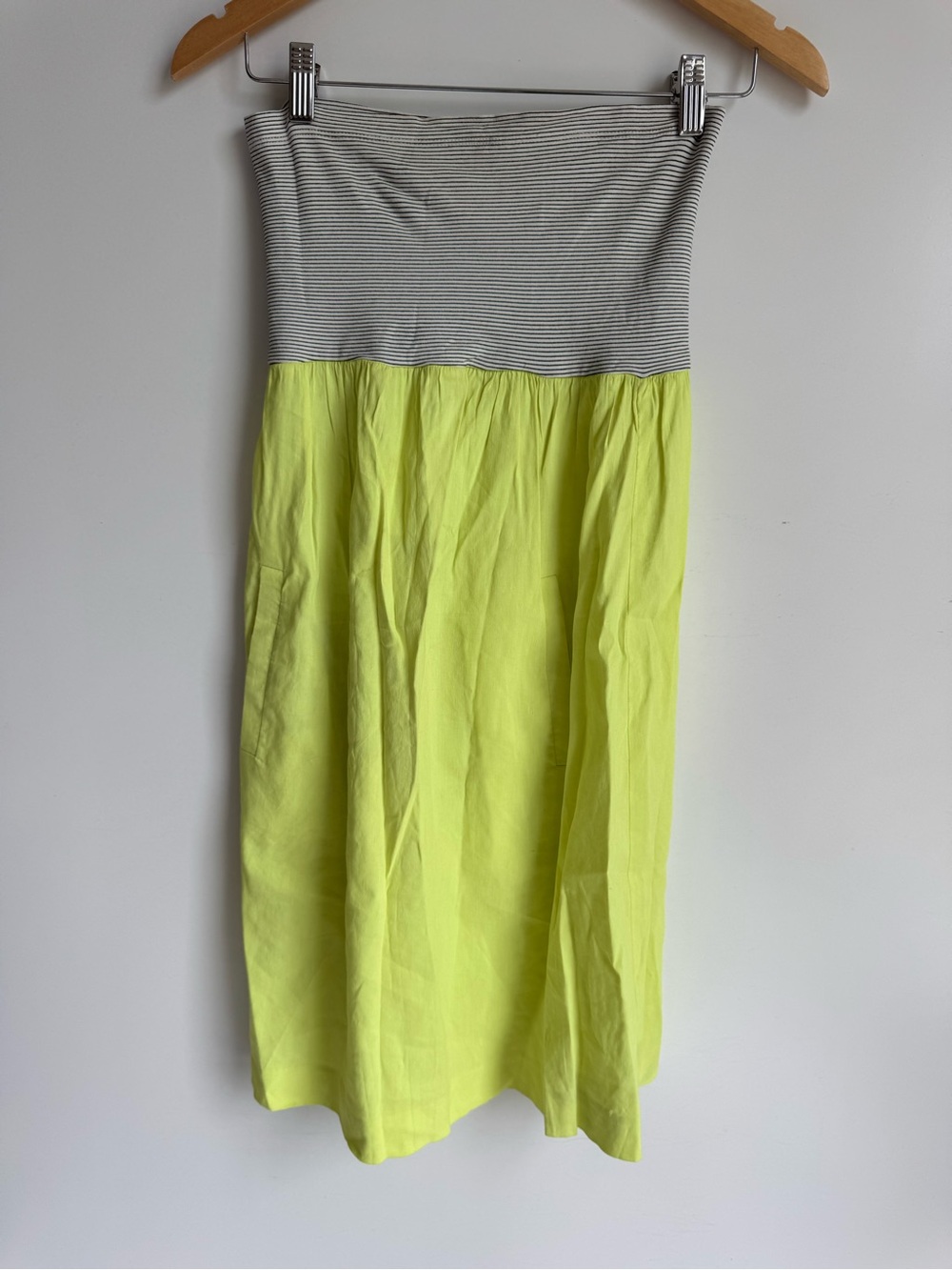 Theory Strapless Midi Dress Black Bright Yellow Small Pocket Linen Pullon Stripe
